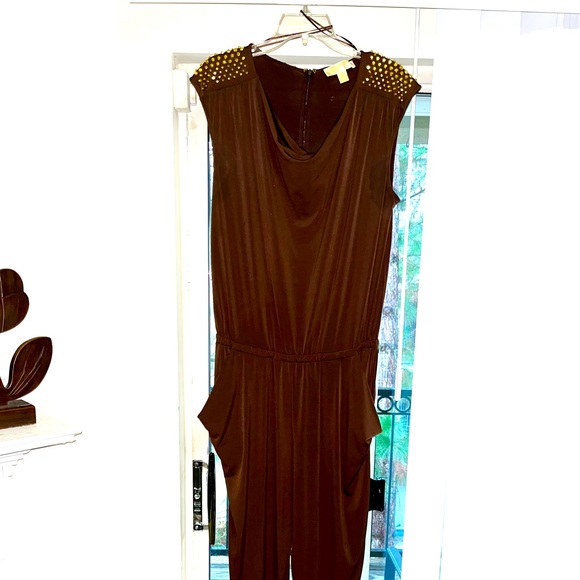 MICHAEL KORS CHOCOLATE JERSEY GOLD STUDDED JUMPSUIT ROMPER SZ LARGE - Picture 2 of 10